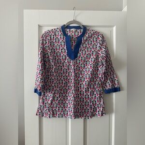 Talbots 100% Cotton Colorful Peacock 3/4 Sleeve V-Neck Tunic Shirt Top